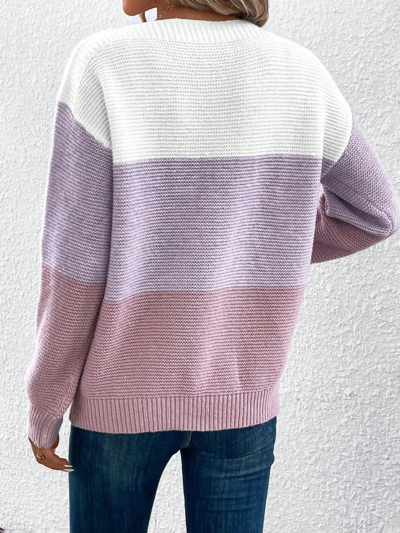 Ombre knit pullover back view, pale lavender to purple, ribbed hem and cuffs