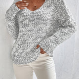 Loose knit pullover sweater with long sleeves, heather gray speckled texture