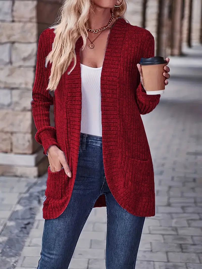 Red rib-knit cardigan with long sleeves and open front