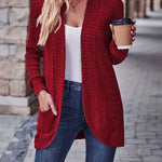 Red rib-knit cardigan with long sleeves and open front