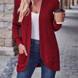 Red rib-knit cardigan with long sleeves and open front