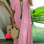 Plus size tummy control tiered ruffle maxi dress, light pink, short sleeves, V-neck