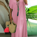 Plus size tummy control tiered ruffle maxi dress, light pink, short sleeves, V-neck