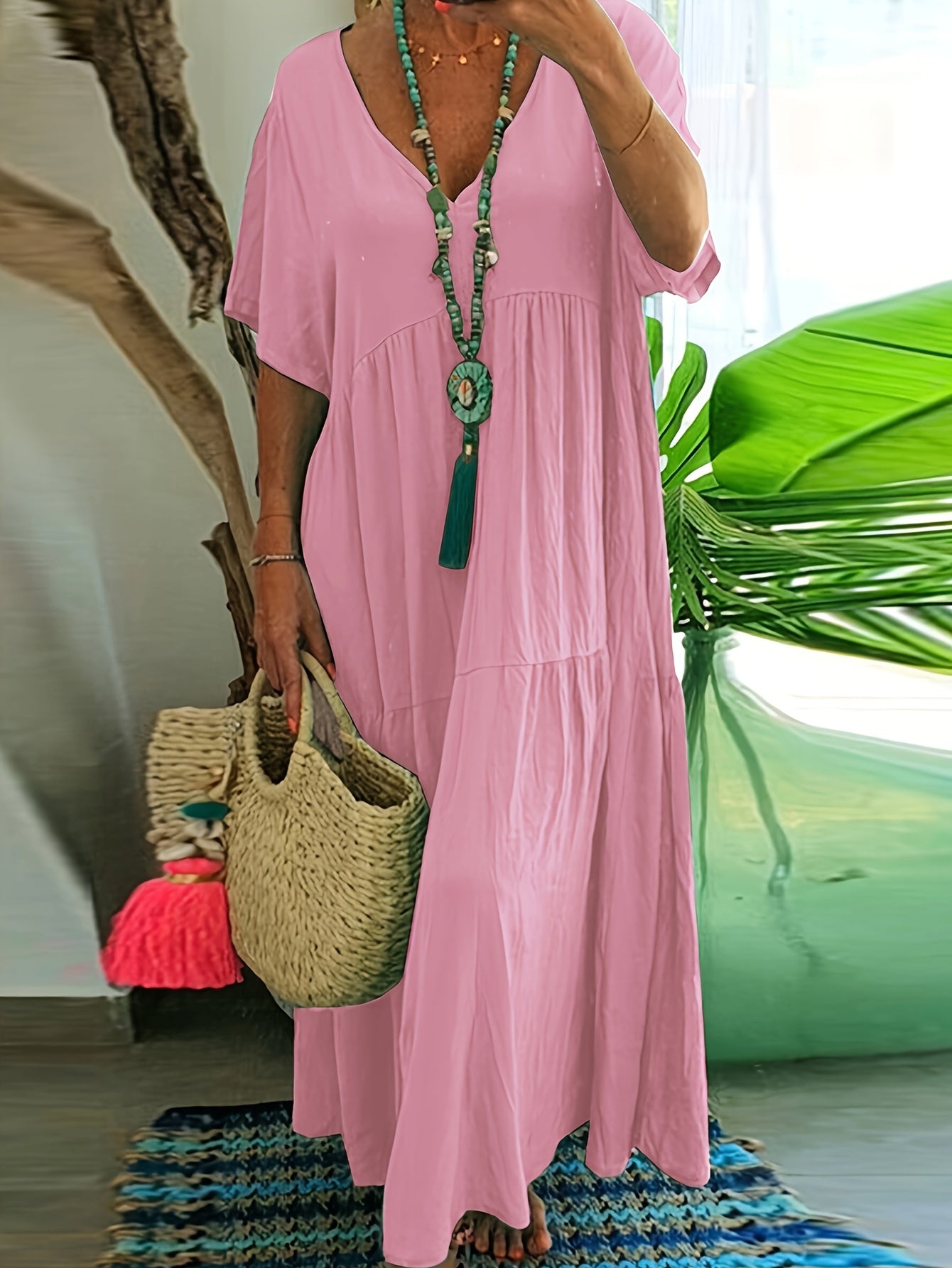 Plus size tummy control tiered ruffle maxi dress, light pink, short sleeves, V-neck