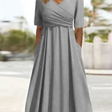 Gray crossover short-sleeve dress with V-neck and gathered waist, midi length