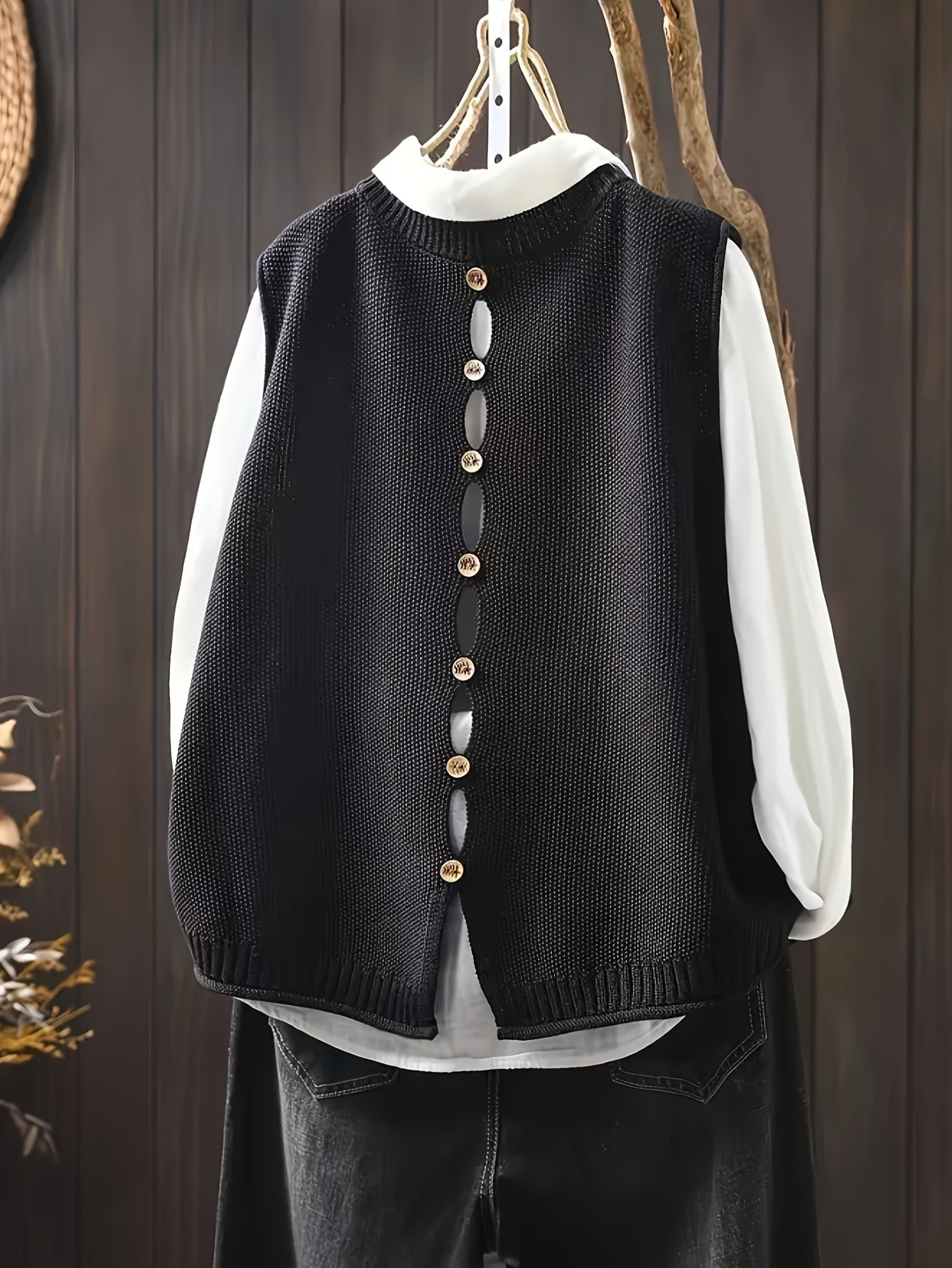 Black sleeveless knit cardigan with long button placket detail and ribbed hem