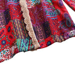 Remi™ patchwork jacket close-up of beige sherpa hood edge on red and blue fabric