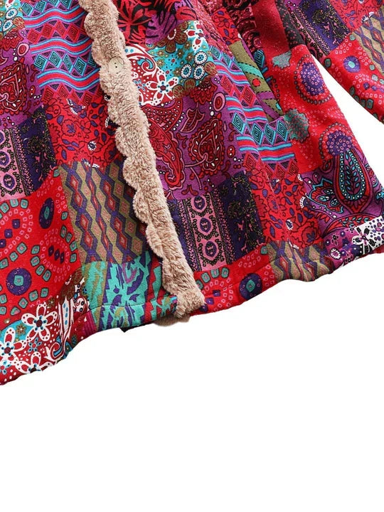 Remi™ patchwork jacket close-up of beige sherpa hood edge on red and blue fabric