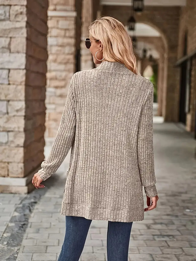 Ribbed knit cardigan with long sleeves and open front, heather gray-beige, back view