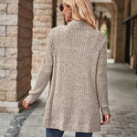 Ribbed knit cardigan with long sleeves and open front, heather gray-beige, back view