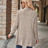 Ribbed knit cardigan with long sleeves and open front, heather gray-beige, back view