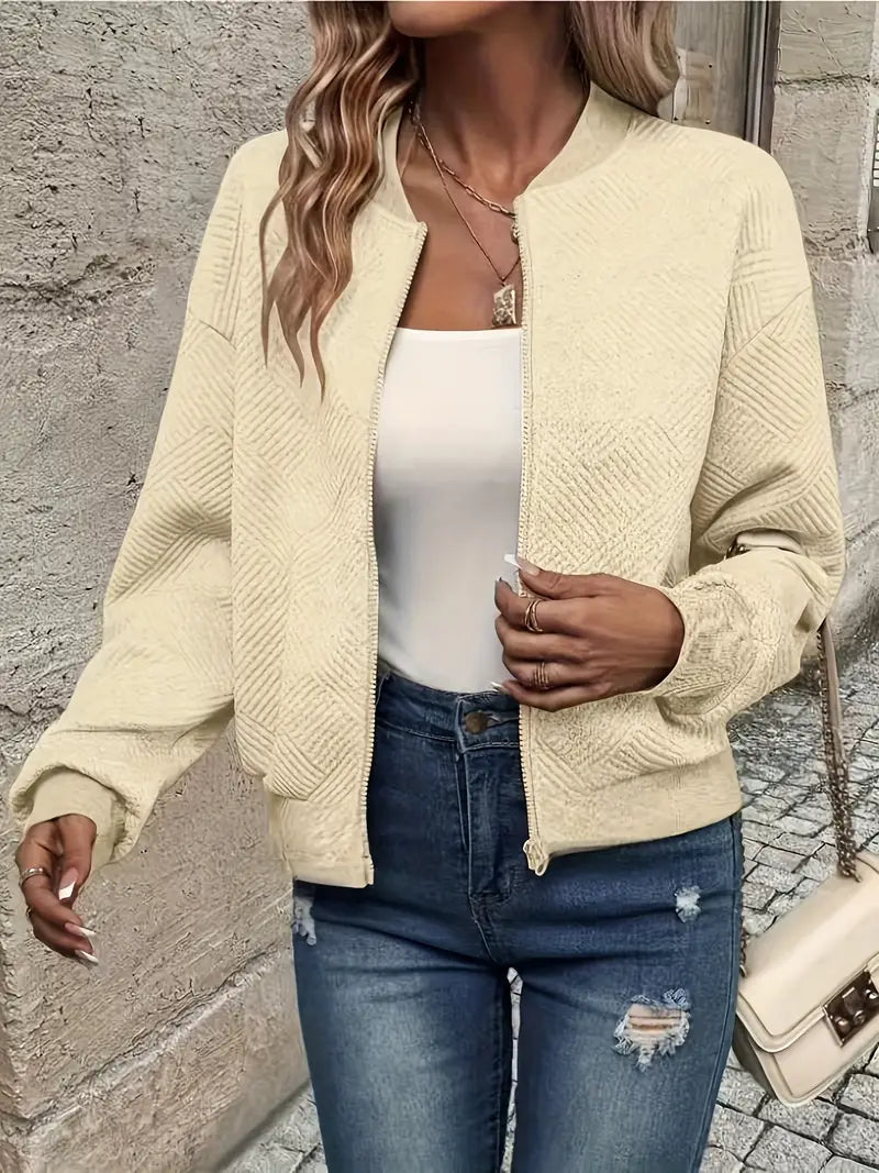 Women’s relaxed zip-up jacket, cream textured knit with long sleeves and front zipper