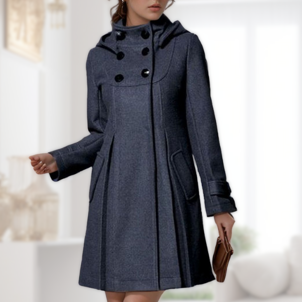 Charcoal gray long hooded coat with double button front and cuff buttons