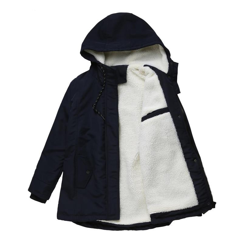 Insulated winter jacket with hood, dark shell, plush fleece lining, front zipper
