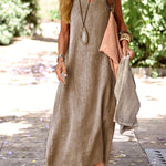 Rosie™ V-neck sleeveless tank dress in khaki linen-look fabric, side slits
