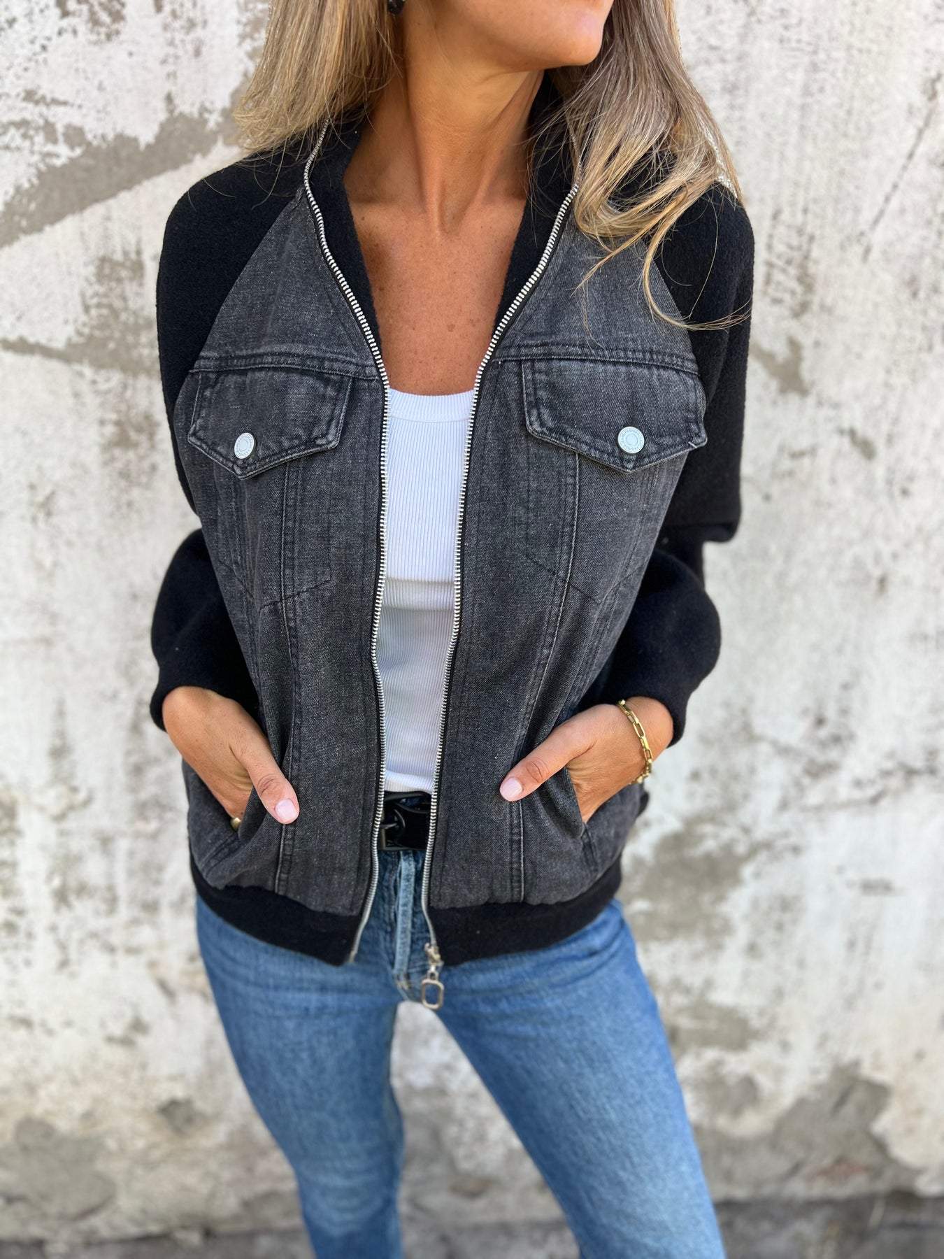 Madison™ cotton zipper jacket, black denim with two button chest pockets and zipper