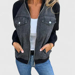 Zoeylynn refined jacket with dark denim front, black contrast sleeves, zip front, chest pockets