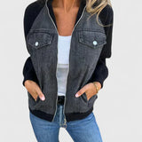 Zoeylynn refined jacket with dark denim front, black contrast sleeves, zip front, chest pockets