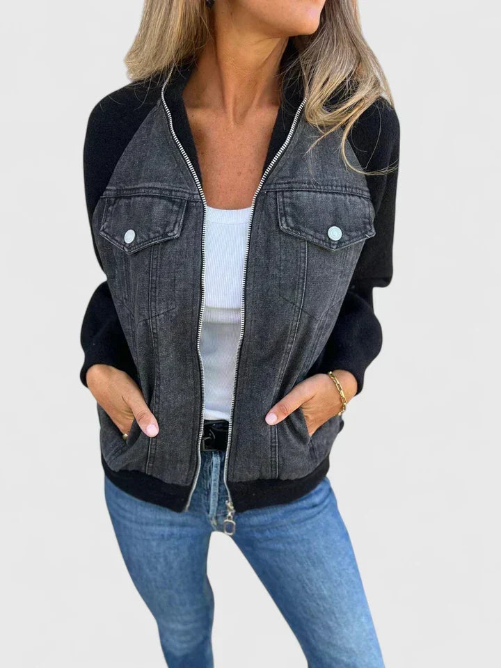 Zoeylynn refined jacket with dark denim front, black contrast sleeves, zip front, chest pockets