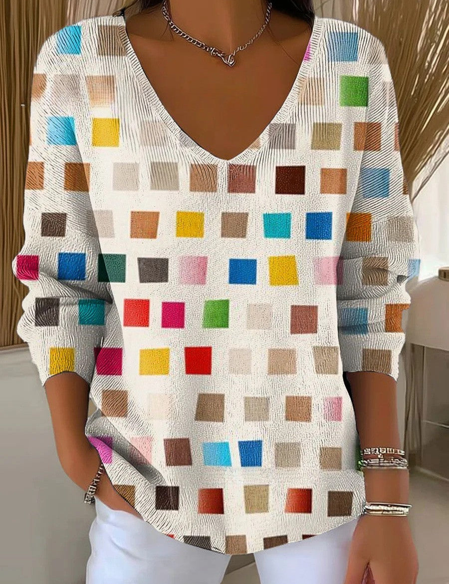 Beatrice V-neck pullover sweater, multicolor square pattern knit top