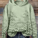 Ravella™ vintage printed hoodie in sage green with floral eyelet detailing