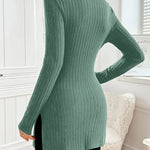 Slim-fit long-sleeve knit sweater with mock neck and ribbing, dark teal green back view