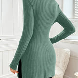 Slim-fit long-sleeve knit sweater with mock neck and ribbing, dark teal green back view