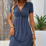 Blue short-sleeve dress with twisted V-neck and gathered skirt