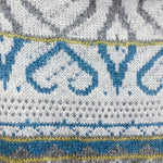 Fair isle yoke sweater close-up with blue and gray motifs and ribbed stripes