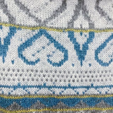 Fair isle yoke sweater close-up with blue and gray motifs and ribbed stripes