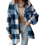 Plaid hooded shacket jacket with sherpa-lined collar, blue and white plaid, button front