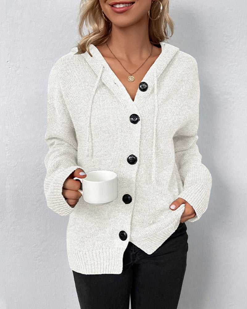 White hooded knit cardigan with button front and ribbed sleeve cuffs