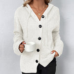 White hooded knit cardigan with button front and ribbed sleeve cuffs