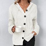 White hooded knit cardigan with button front and ribbed sleeve cuffs