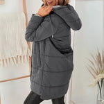 Charcoal gray hooded puffer down jacket with front zipper and side pockets
