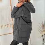 Charcoal gray hooded puffer down jacket with front zipper and side pockets