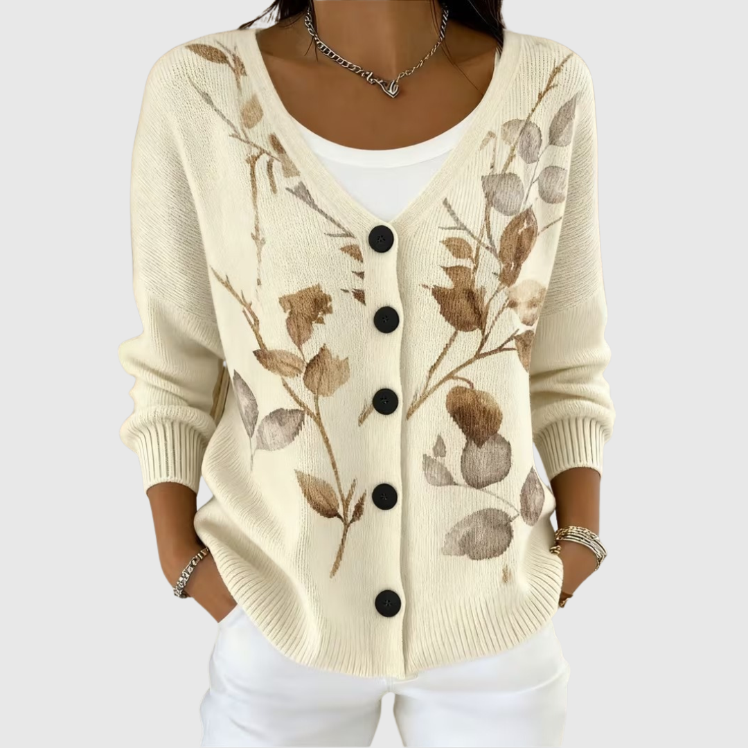 Cream knit cardigan with floral print, button front, long sleeves