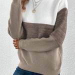Two-tone long-sleeve sweater with crew neck, white top and brown striped knit