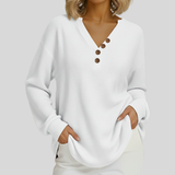 Women's white waffle-knit V-neck pullover with wood-look button placket
