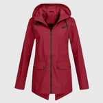 Red hooded zip-up jacket with drawstring, front pockets, and buttoned flap closures