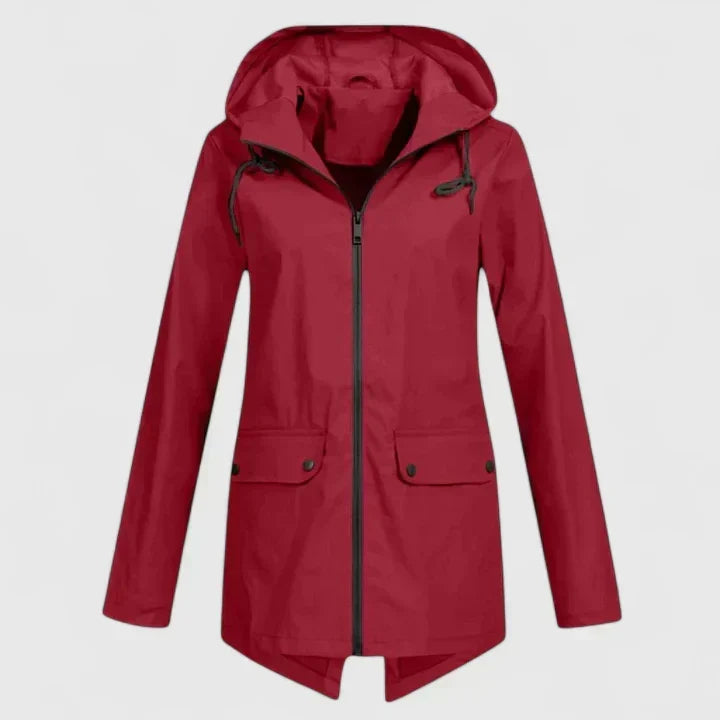 Red hooded zip-up jacket with drawstring, front pockets, and buttoned flap closures