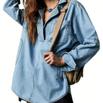 Light blue oversized denim pullover with half-zip collar and front pocket