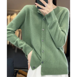 Sage green knit pullover with button-front V-neck and long sleeves