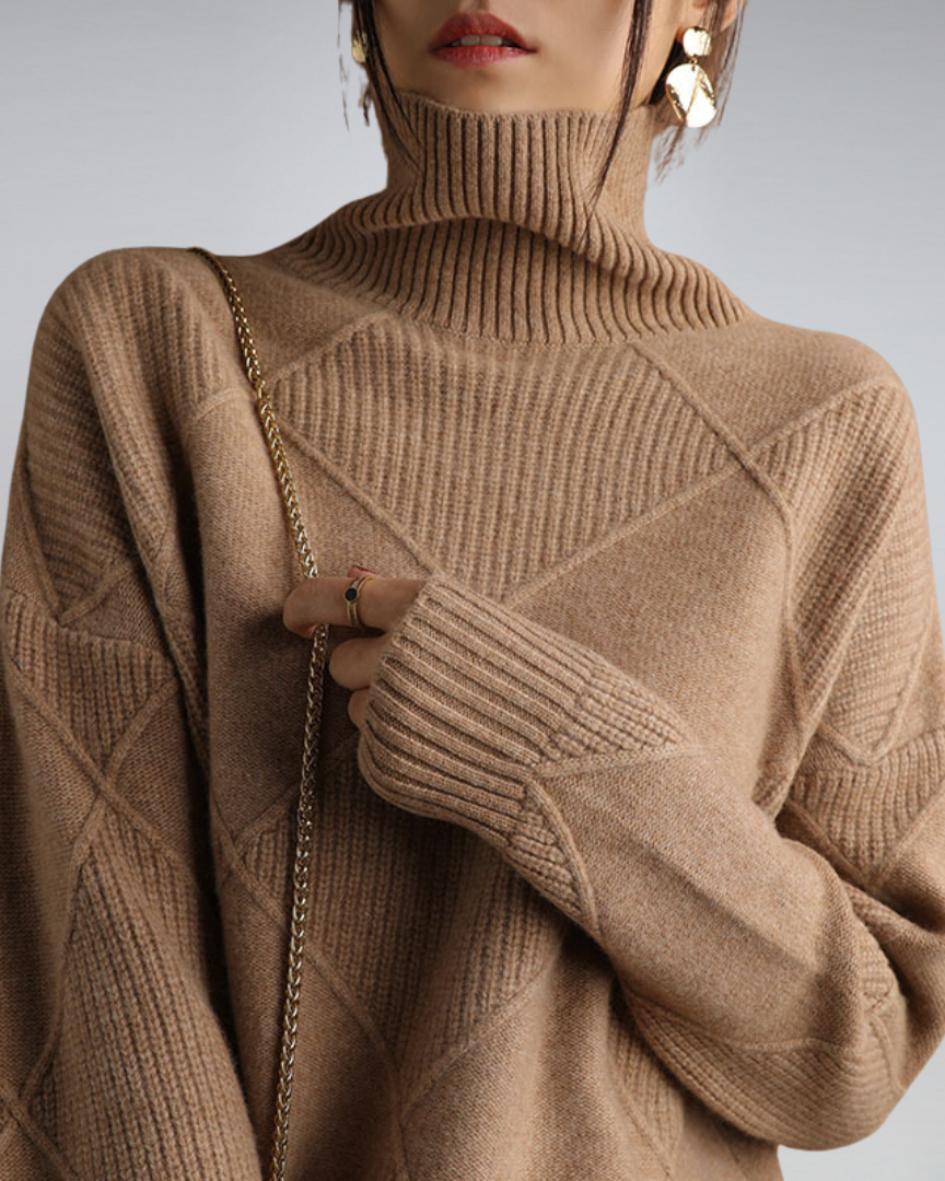 Camel brown ribbed turtleneck sweater with diamond knit motif and long sleeves