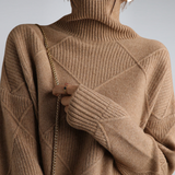 Camel brown ribbed turtleneck sweater with diamond knit motif and long sleeves