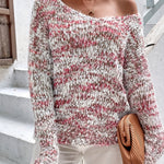 Loose knit pullover sweater with long sleeves, red-and-white speckled textured knit