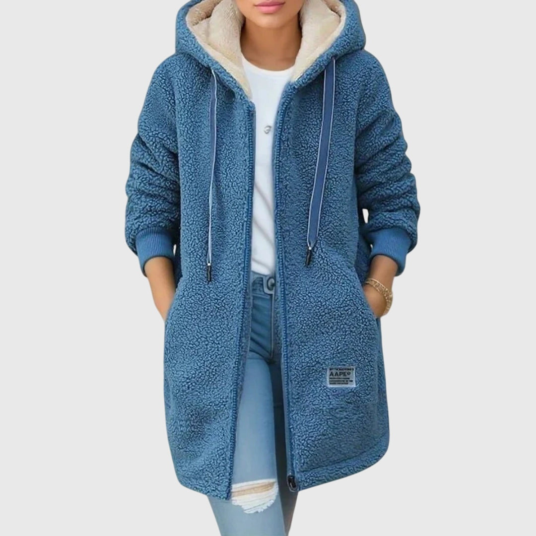 Women's blue sherpa fleece hooded jacket with zip front and drawstring pockets