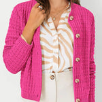 Pink textured knit cardigan with button front and long sleeves, ribbed cuffs