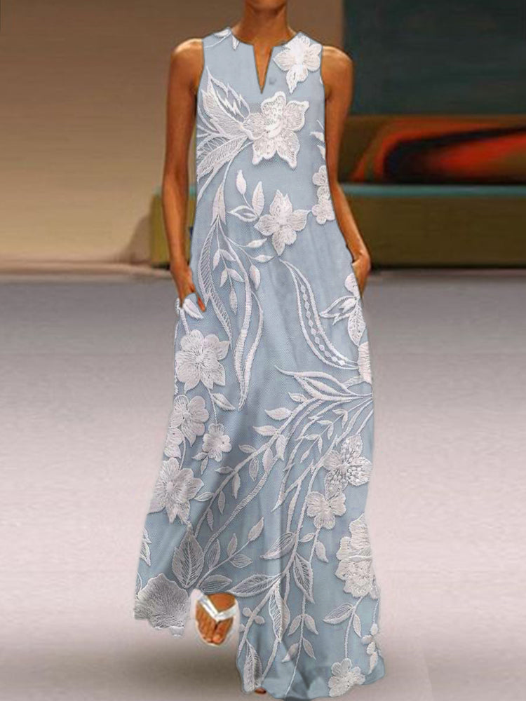 Meliora™ printed maxi dress, sleeveless with blue floral pattern and round neckline