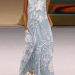 Meliora™ printed maxi dress, sleeveless with blue floral pattern and round neckline